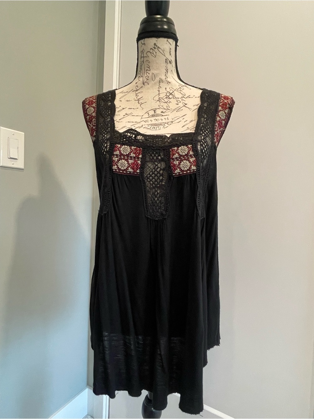 Free People Black Sleeveless Tunic with Red Embroidered Panels